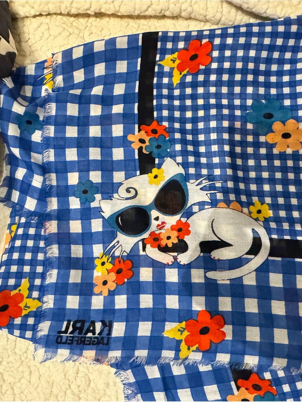 Karl Lagerfeld Paris Floral Gingham Scarf – Blue & White – Designer
